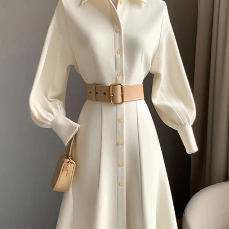 spring autumn new Solid color Turn-down Collar Long sleeve Midi dress women Button patchwork dresses elegant All-match Vestidos