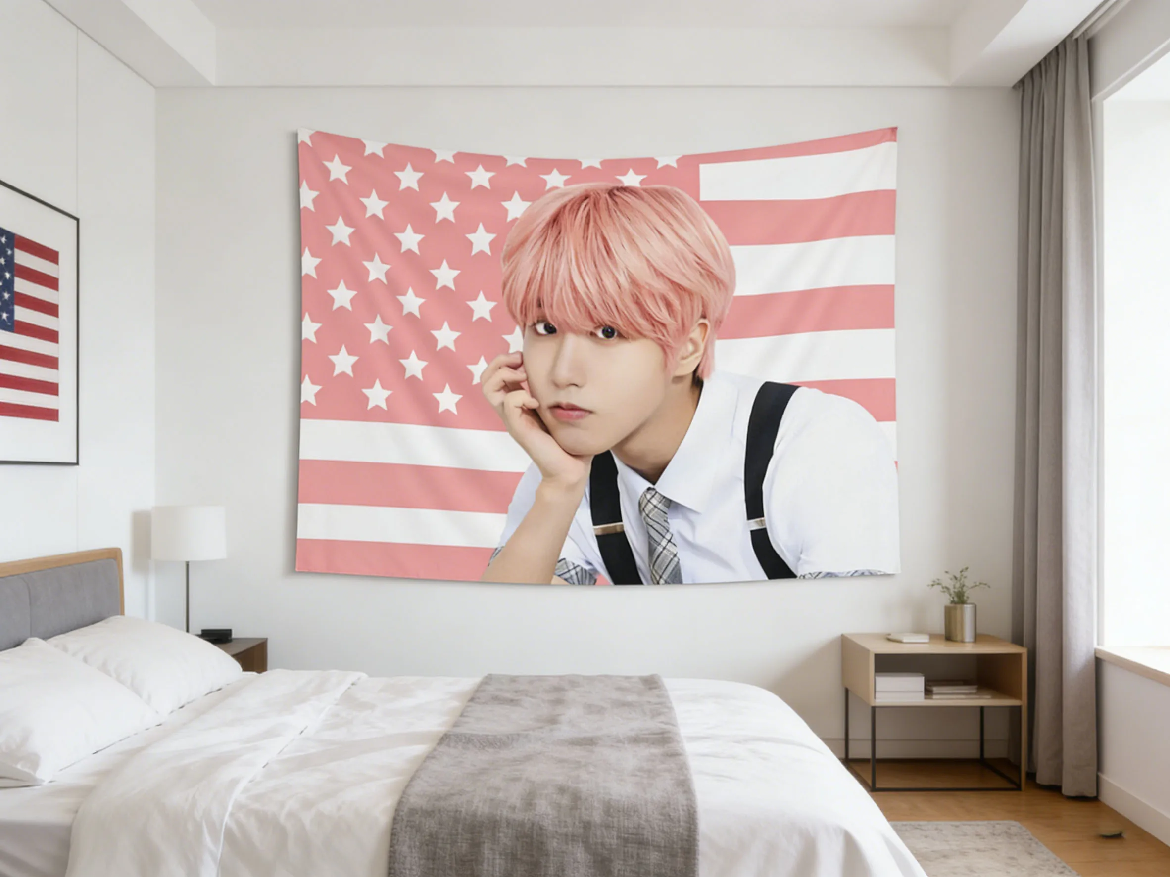 1pc SKZ Han Jisung Pink Hair Flag Banner Han Jisung Pink American Flag Tapestry K-pop Idol Wall Decor Merchandise Gift for Fans