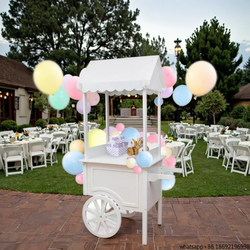 New detachable wooden candy cart for wedding parties with 5.6 feet tall and 2.11 feet long wheels on display