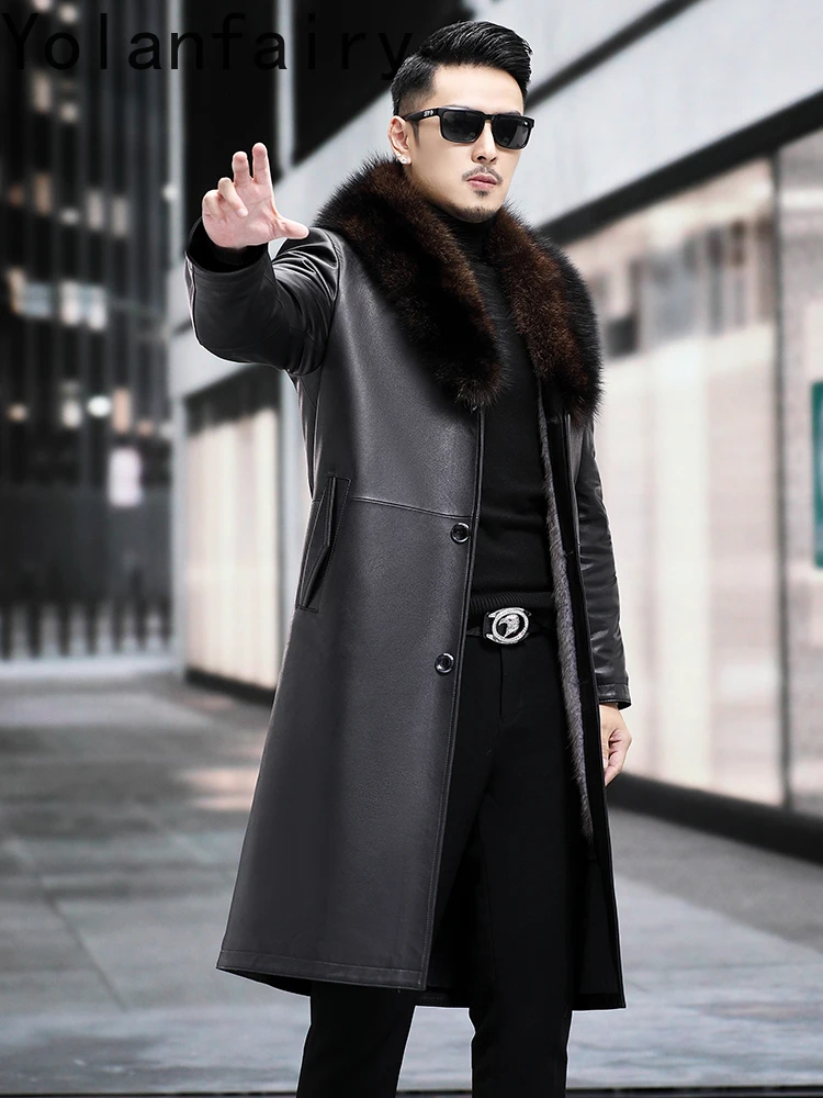 YOLANFAIRY Real Cowhide Genuine Leather Jacket Men Winter Whole Mink Fur Liner Coat Man Warm Long Leather Trench Coats Chaquetas