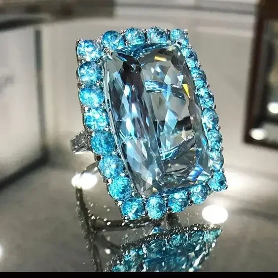 2024 New Fashion Sea Blue Cubic Zirconia Women's Wedding Ring Luxury Engagement Party Elegant   Brilliant Jewelry