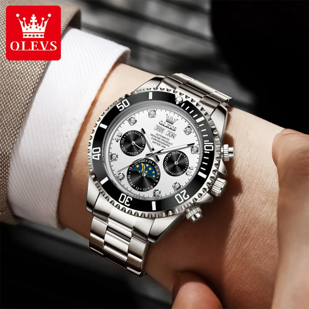 OLEVS 6729 Men Automatic Watch Luxury Moon Phase Mechanical Watch For Men 30M Waterproof Luminous Calendar Window Watch