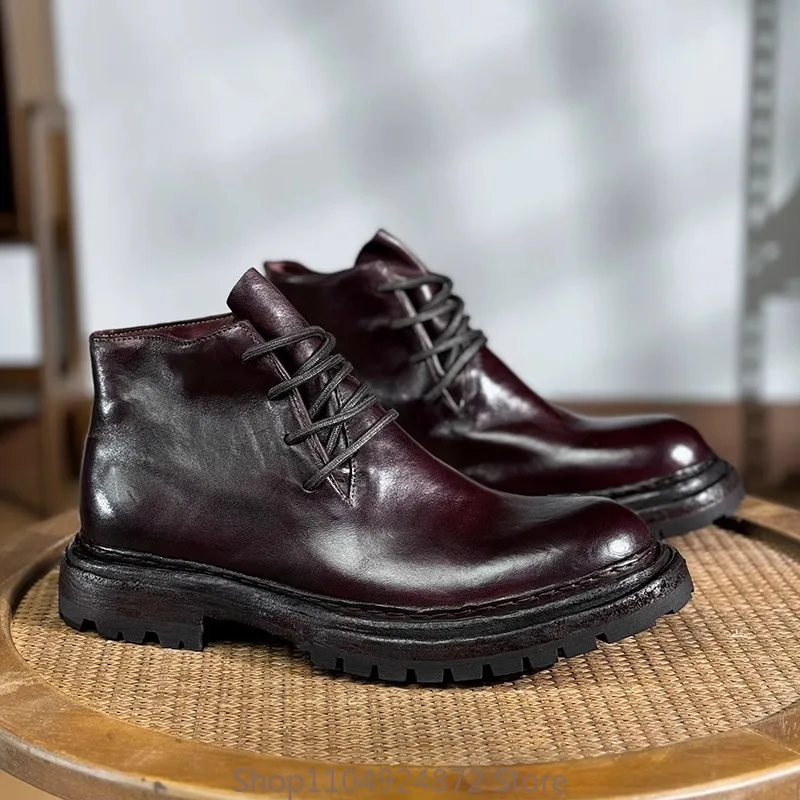 Handmade Retro Genuine Leather Desert Boots Men Casual High-top Outdoor Hiking Boots Round Head