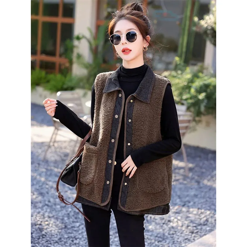 

Fashion Lambhair Vest Women's Waistcoat New Spring Autumn Single Breasted Denim Patchwork Fur Integrated Jacket Female Tops