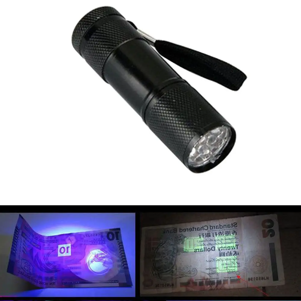 Mini UV 9 Led Flashlight Ultraviolet Torch Ultra Violet Purple Light Lanterna18650 Battery Flashlight Money Currency Detector