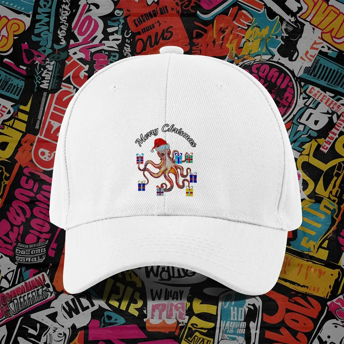 

Merry Chrismas Octopus Sticker Printed Baseball Hat - Snapback, Trucker Hat & Dad Hat