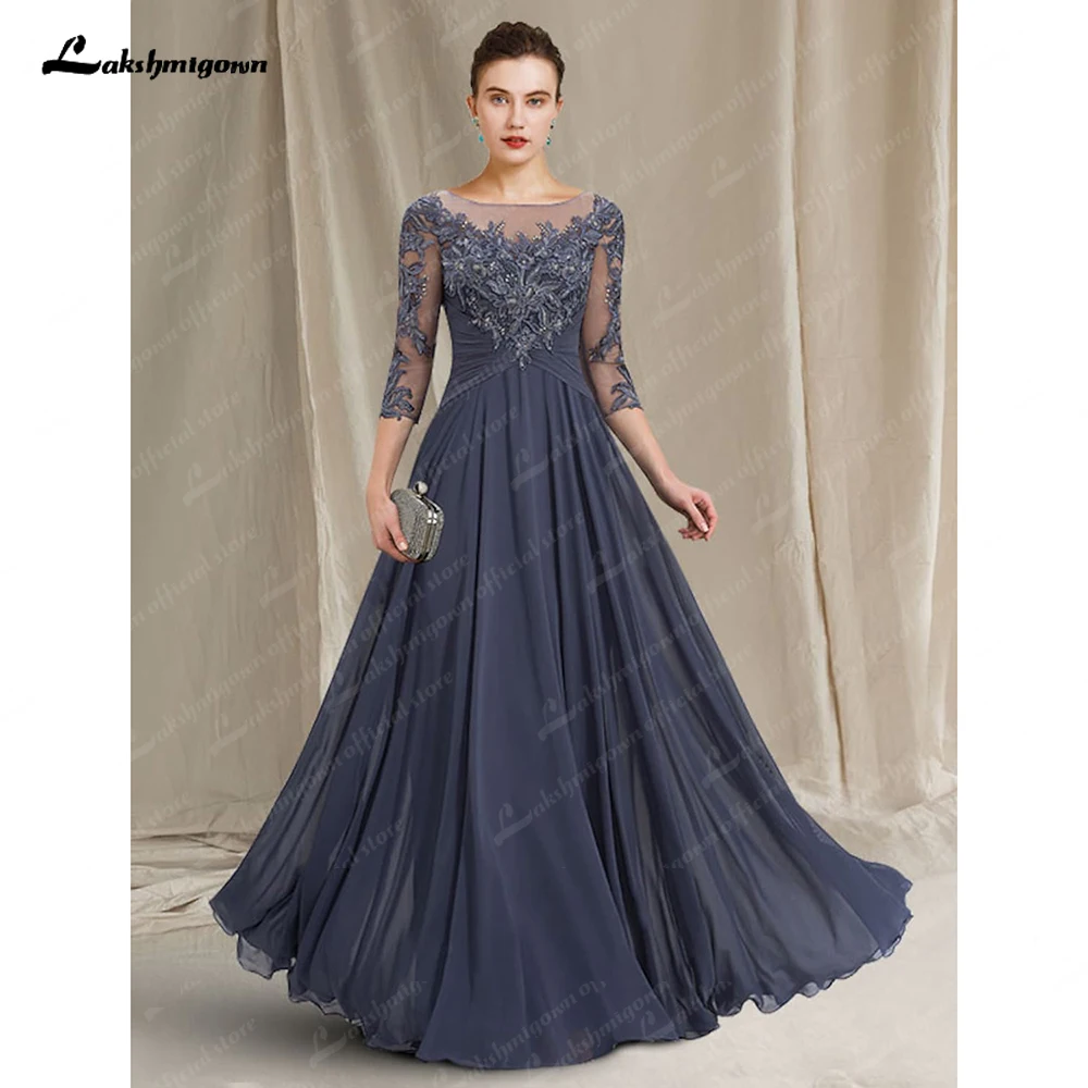 

2023 A-Line Mother of the Bride Dress Elegant Jewel Neck Floor Length Chiffon Pleat Lace 3/4 Length Sleeve with Pleats Appliques