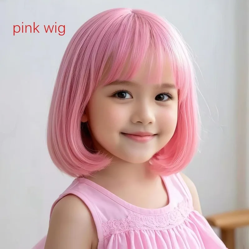 

Розовый короткий парик для девочек, головные уборы для выступлений на день защиты детей, детский реквизит для косплея, головной убор, вечерние фотографии