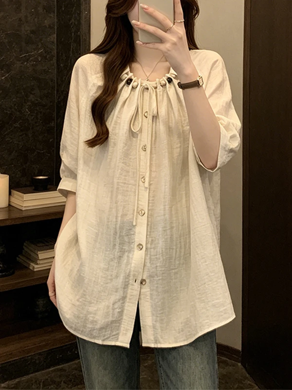 

Summer New plus Size Women's Shirt Pearl round Neck Loose Fit Belly Covering Slimming Top Korean Style Commute Fashion