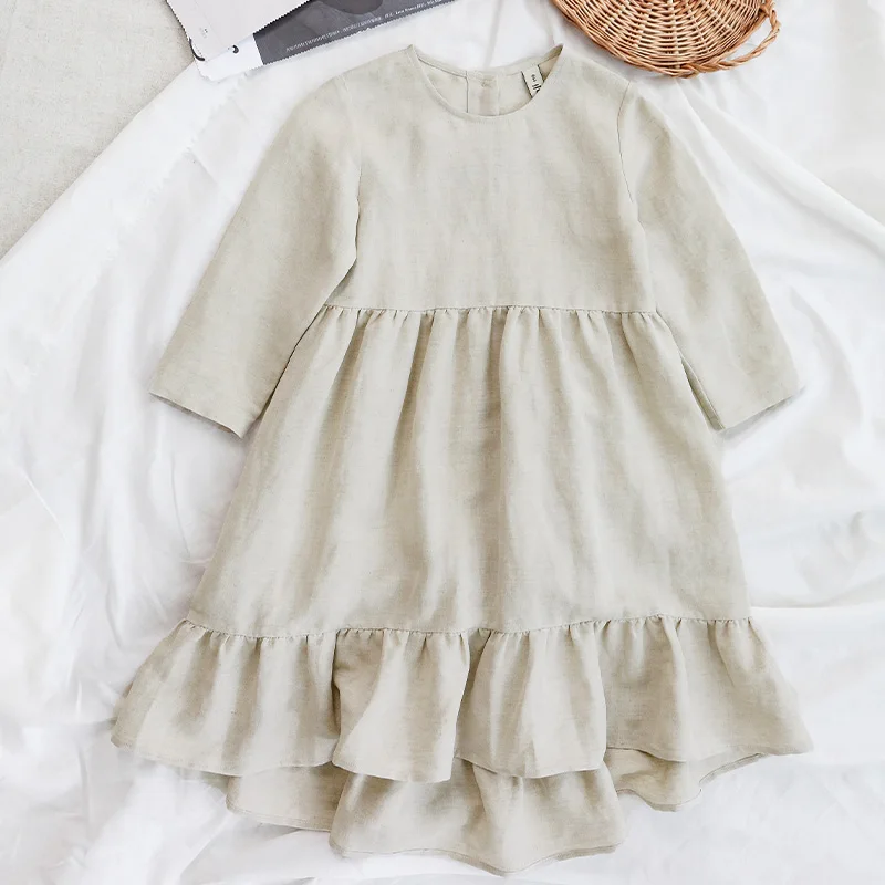 Girls\' Cotton And Linen Princess Dress 2024 Autumn New Children O-neck Long-Sleeve Ruffle Linen Dresses Baby Kids Clothing TZ64