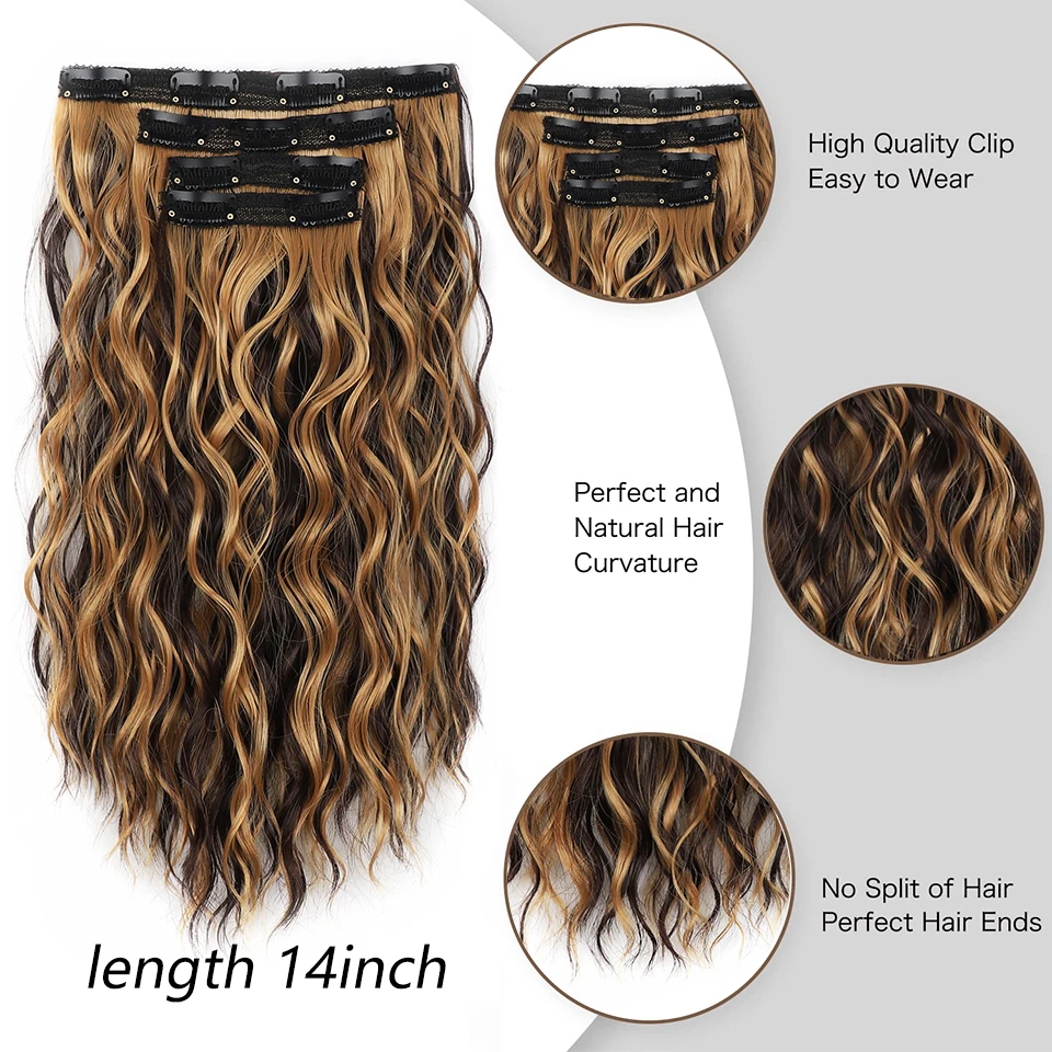 4Pcs Clip in Hair Extensions, 14 Inches Medium-length Wavy Synthetic Brown Hair Extensions Clip in, for Women and Girls