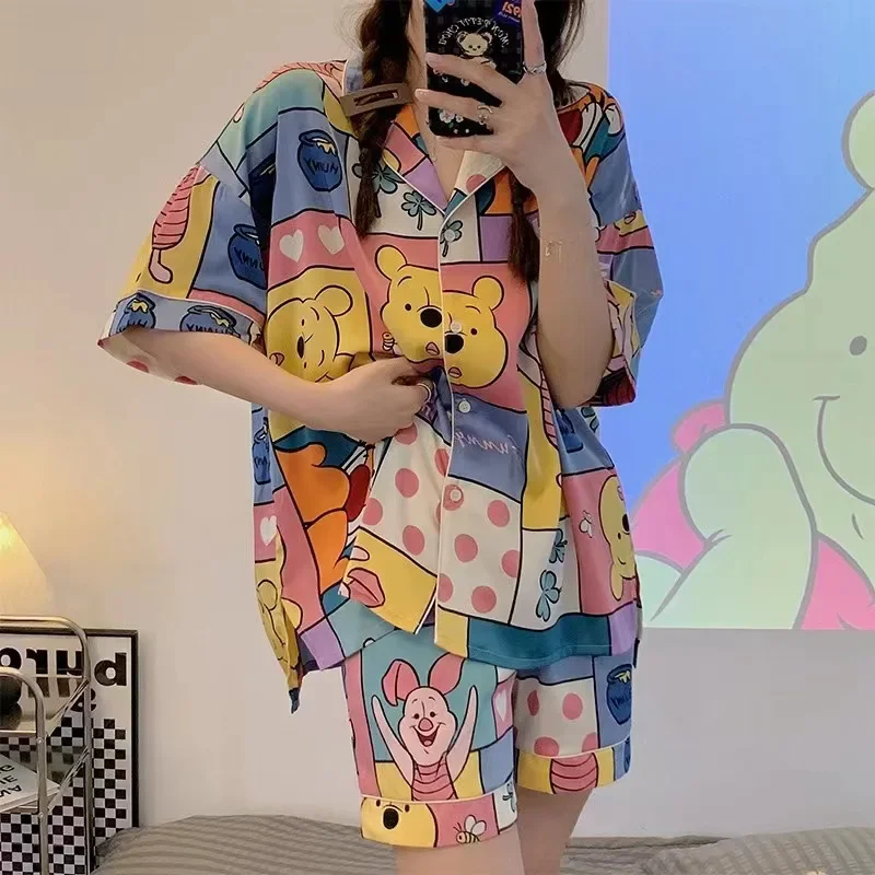 Disney Winnie Pajamas Summer Women Short Sleeve Shorts Pajamas Sleepwear Cartoon Cardigan Print Loose Casual Loungewear Set