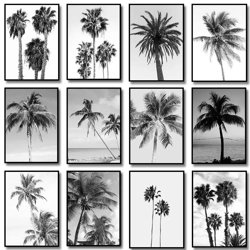 Large-sized 1pc frameless Canvas Painting Black and White Art Tropical Palm Tree Canvas Painting Wall Art Beach Landscape Poster