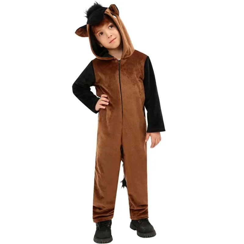 SN88 Brown Kids Horse Costume Outfit Girl Boys Party Role Play Dress Up Jumpsuit Mask Animal Onesie Halloween Cosplay Winter Pla