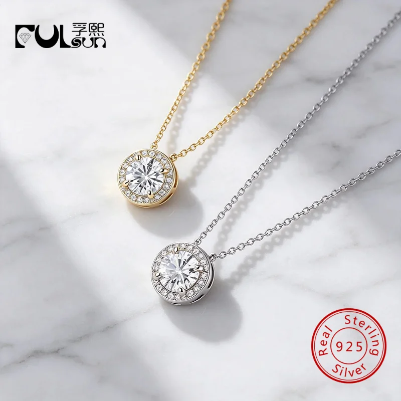 925 Sterling Silver 6mm Round Zircon Halo Solitaire Pendant Adjustable Cable Chain Necklace Women Classic Dainty Wedding Jewelry