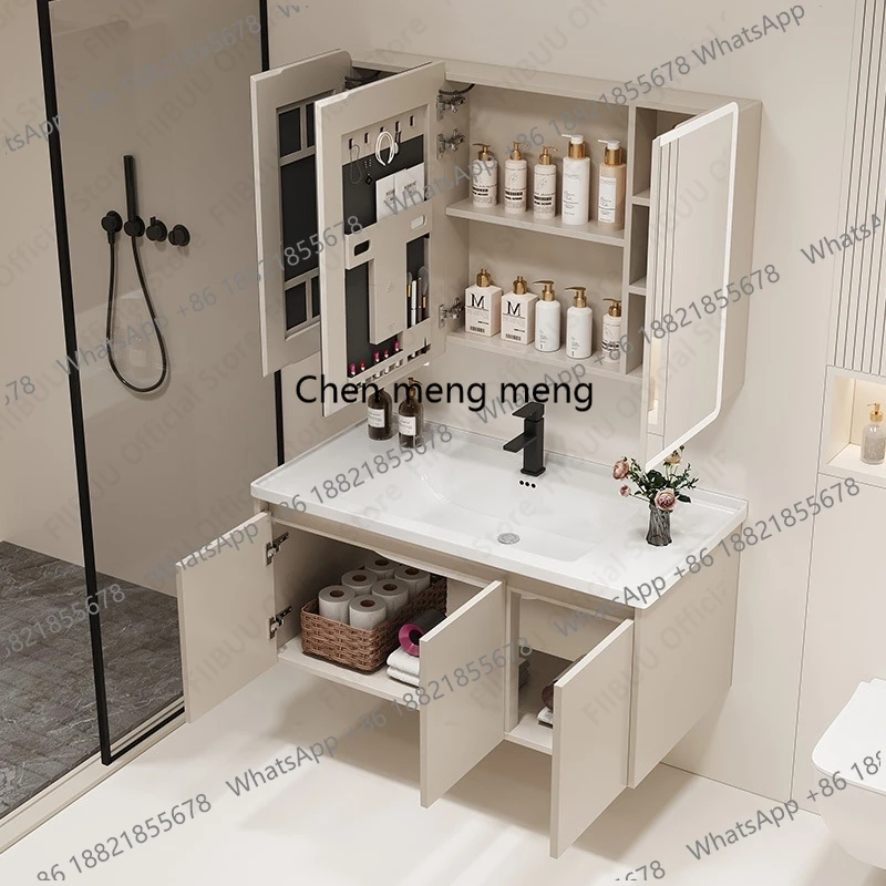 Bathroom Vanity with Ceramic Integrated Sink Smart Mirror Set Cabinet Wall-Mount Aluminum Storage Cabinet with Faucet Combo