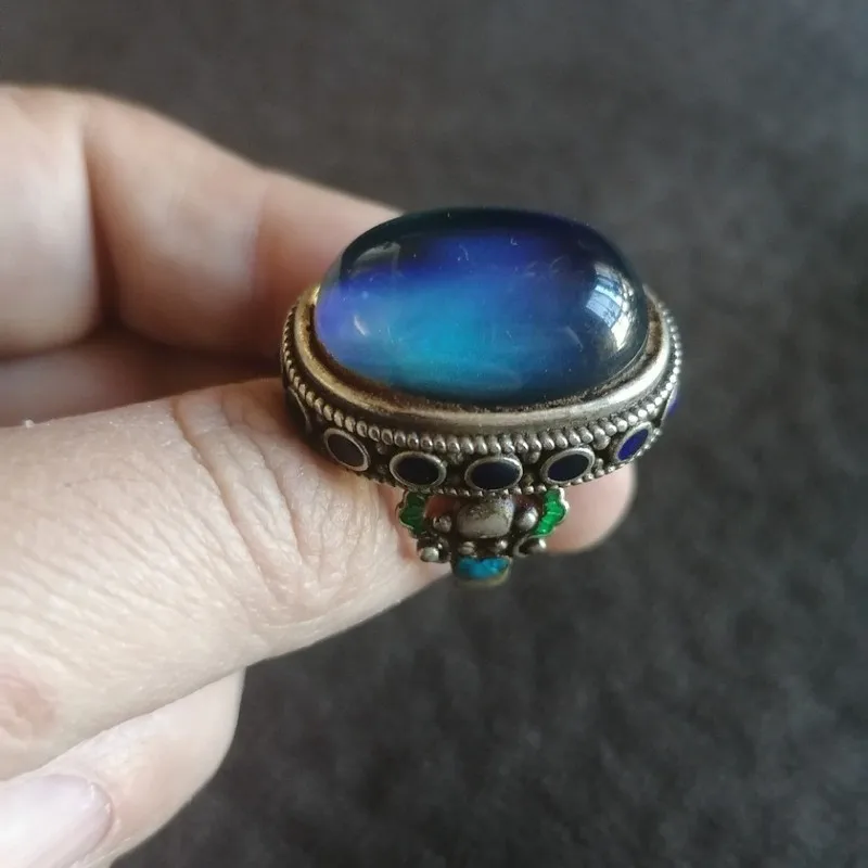 Antique Vintage Retro Silver With Color-Changing Gemstones, Adjustable Size, Large Ring Face