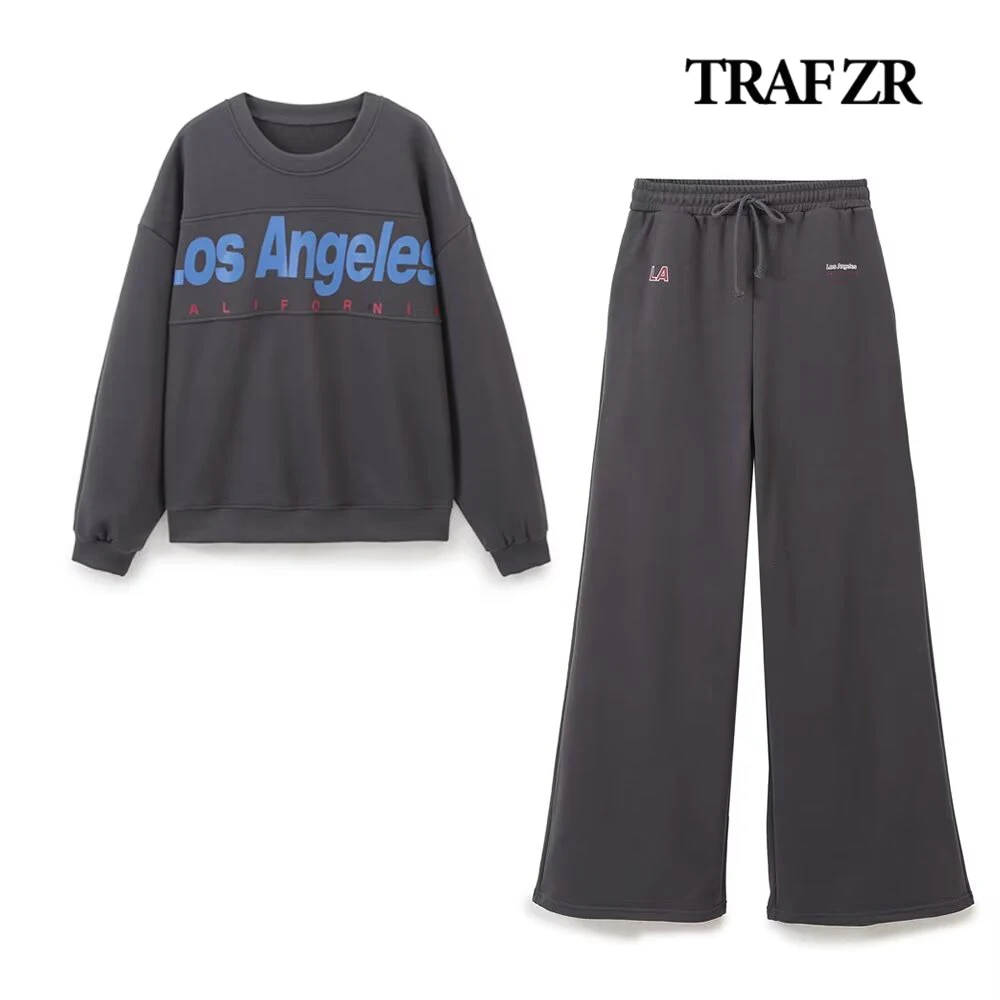 TRAF ZR Women's Sports Suit Jogger Pant Sets Elegant 2-piece Sets for Women Washed Effect Contrast Text Sweatshirt with Rib Trim