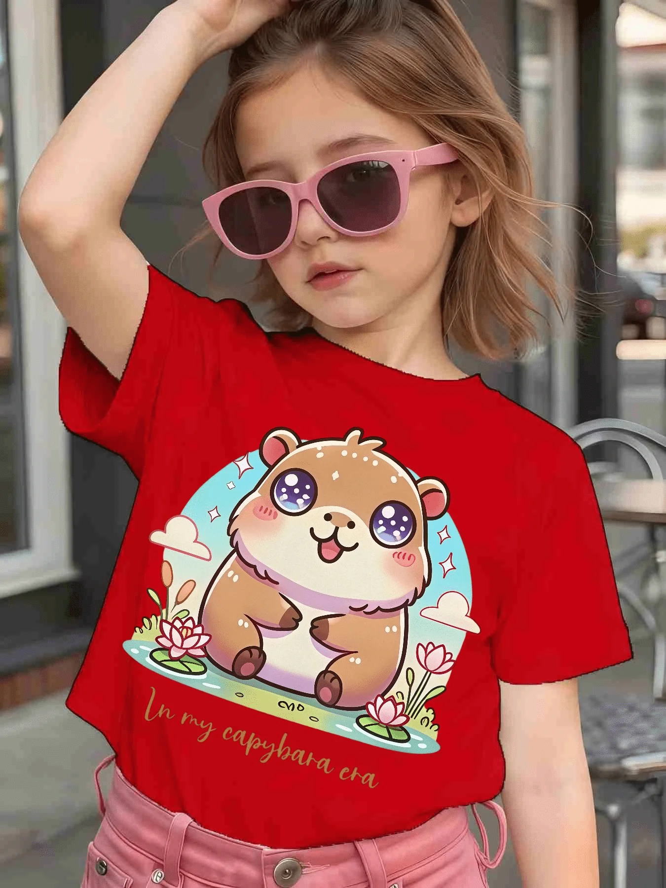 Cute Capybara Lotus Cartoon Graphic Kids Tee Boys Girls Family Matching Cotton Crew Neck Short Sleeve Soft Casual Summer Tee
