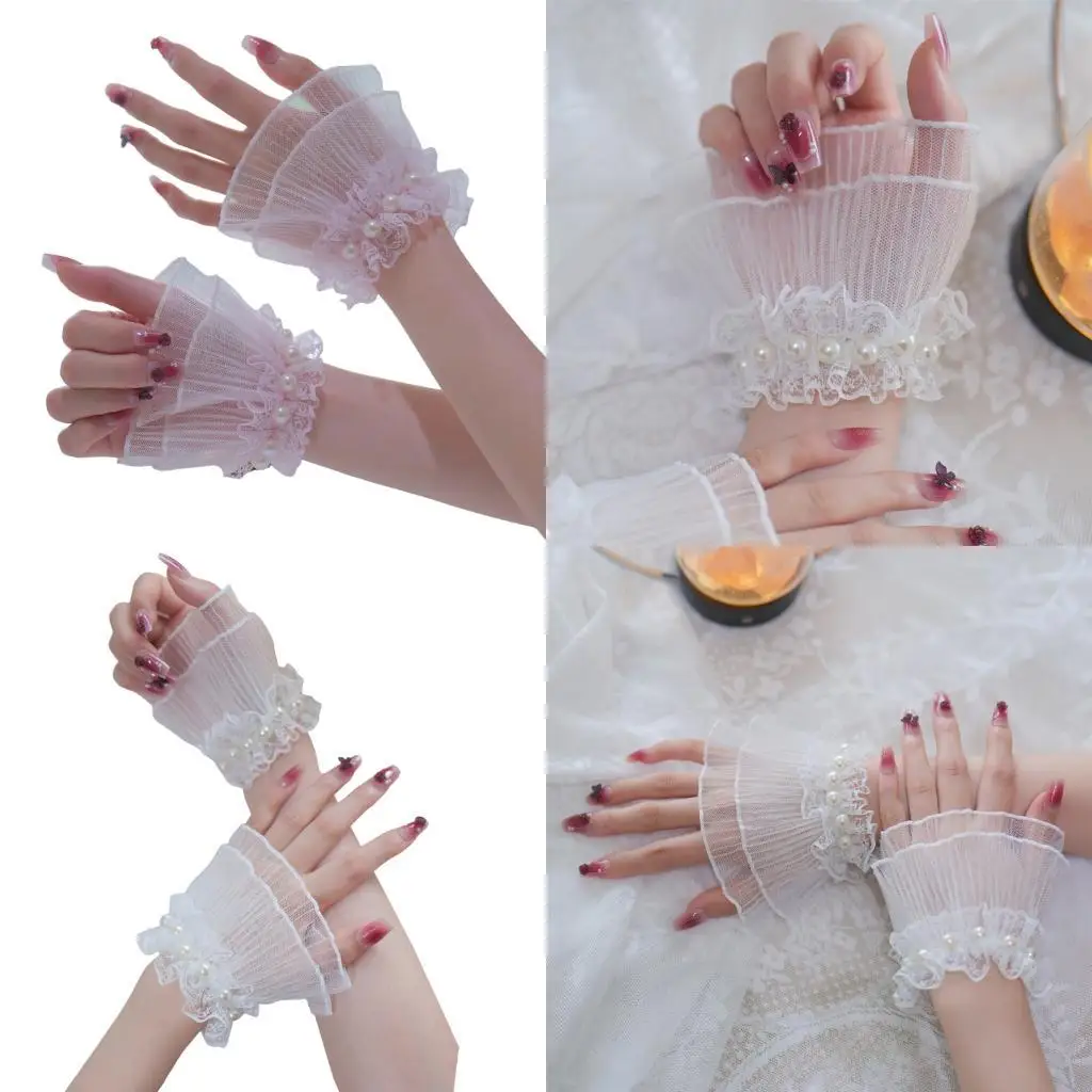 

R1WE Korean Fashion Lace Pearls Hand Sleeves Breathable Wrist Cuffs Decorative Sleeves
