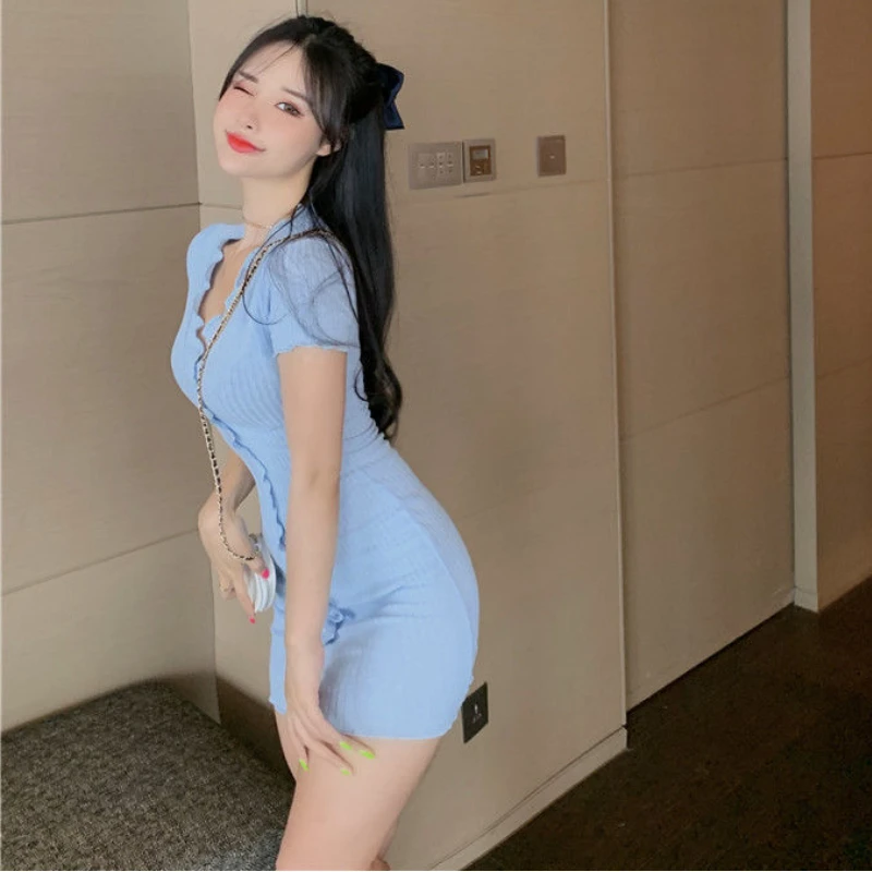 Short Sleeve Dresses Women Slim V-neck Button Mini Solid Summer New High Waist Sexy Sweet Holiday Korean Style Chic Club Hot Ins