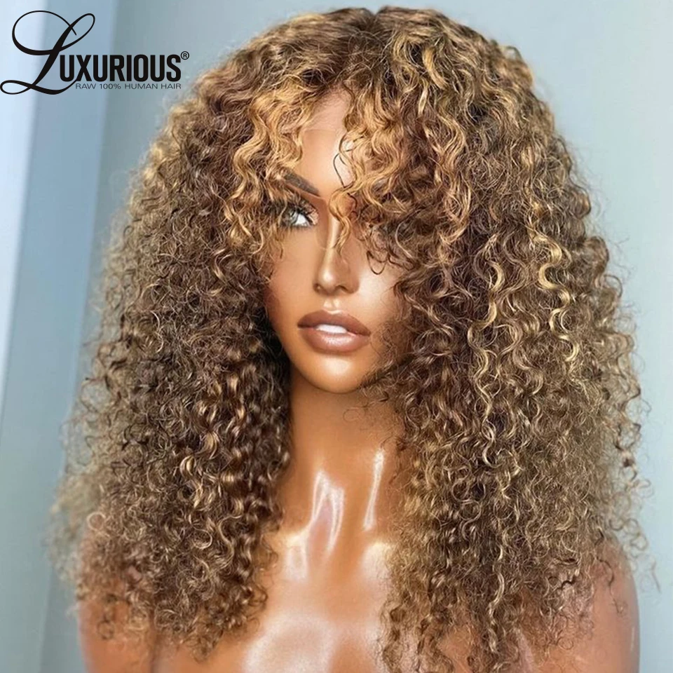 180 Density Honey Blonde Human Hair Wigs For Women Kinky Curly 13x4 Lace Front Highlight Wig Ombre Brown Colored Wigs PrePlucked