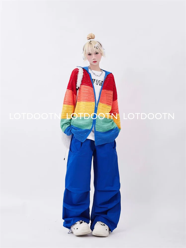 LOTDOOTN-Camisola de retalhos colorida casual feminina, cardigã, oco para fora, arrastão, solto, manga longa, furos Y2K, com zíper, outono