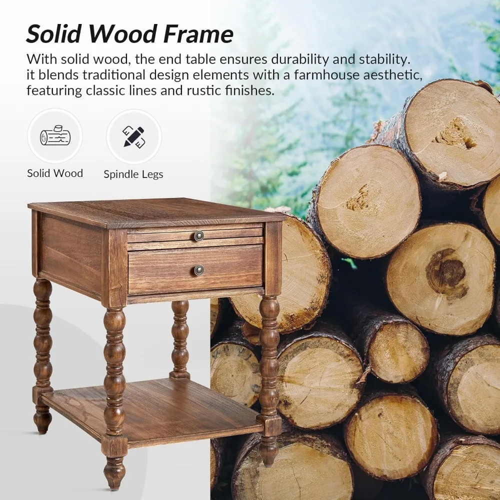 Meja Nakas Kayu Solid dengan Stasiun Pengisian Daya dan Rak yang Dapat Ditarik, Meja Samping dengan Desain Spindle untuk Kamar Tidur, Furnitur Penyimpanan dengan Laci dan Rak