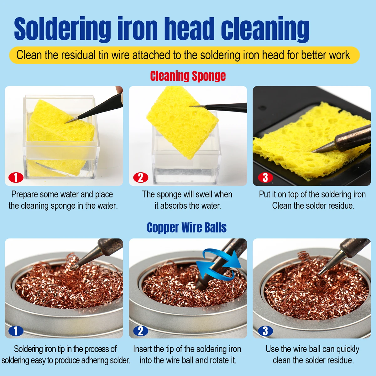 GEELOANE Soldering Iron Tip Cleaning Kit Cleaning wire Ball Soldering Iron Mesh Filter Cleaning Welding Cleaning Sponge