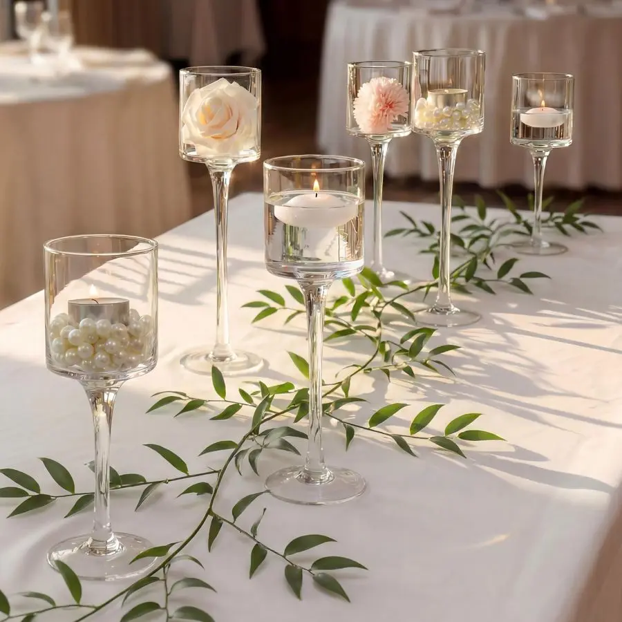 Glass Tealight Candle Holders Set of 6 Tall Candle Stands for Dinner Table Centerpiece Stemmed Candleholders for Pillar Floating
