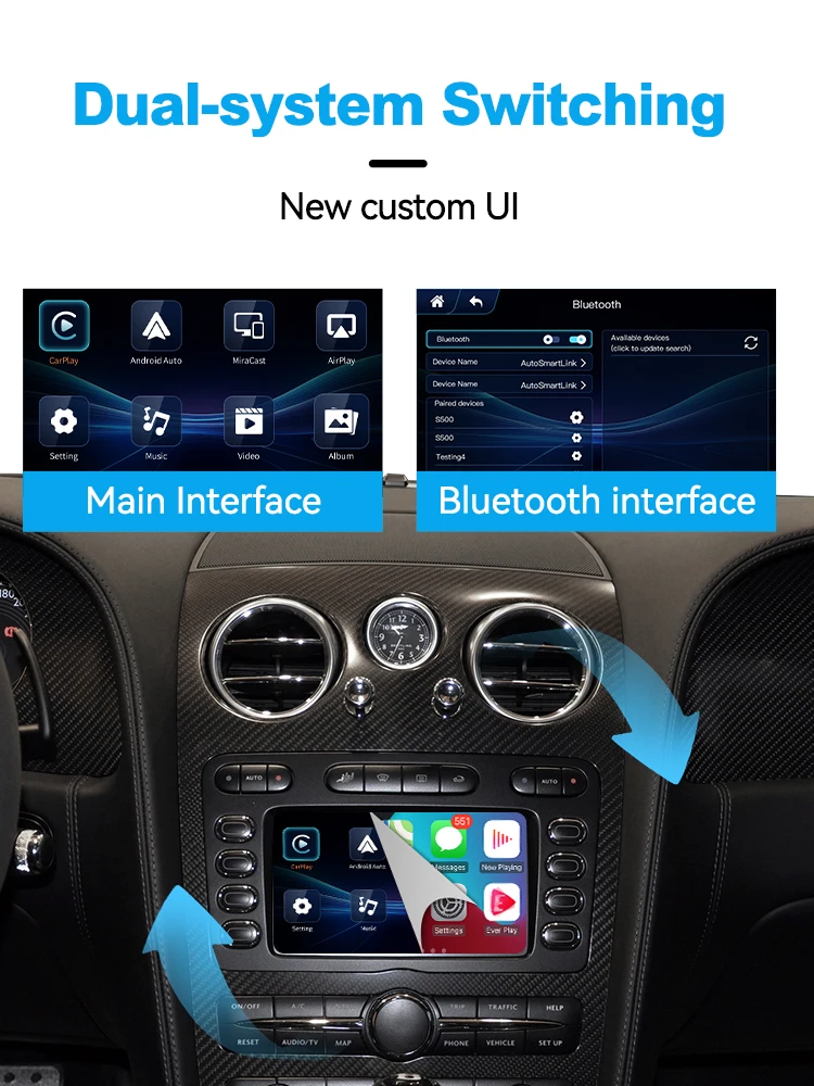 JoyeAuto Kabelloses CarPlay Android Auto Interface für 2004-2011 Bentley Continental Flying Spur Mirror-Link USB-Stick Rückfahrkamera