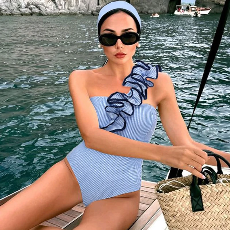 2025 New Woman sexy One Shoulder Ruffle Stripe Print One Piece Swimsuit and Skirt Monokini Female Bodysuit Beach Bathing Suit