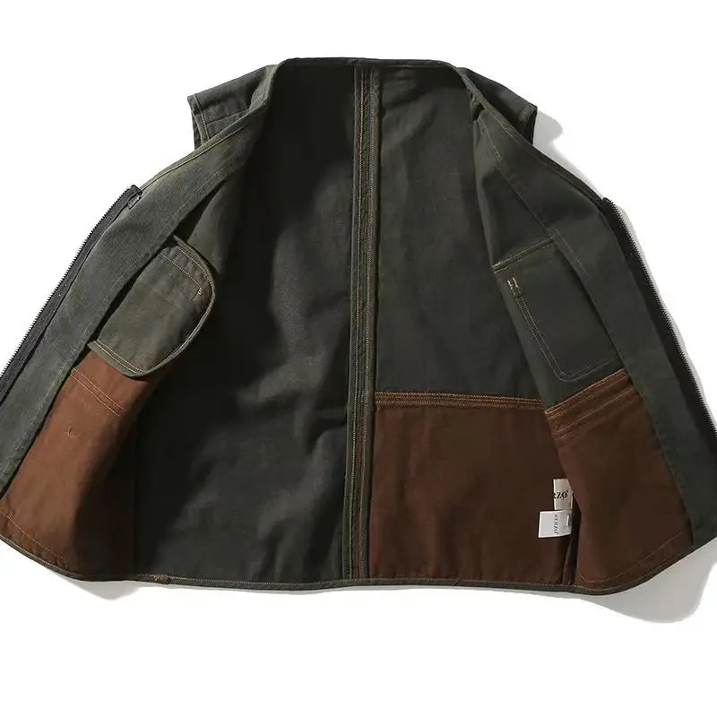 Vintage American Casual Heavyweight Washed Vest Multi Pockets Patchwork Unisex Loose Vest Jackets Coats with Zipper High Quality