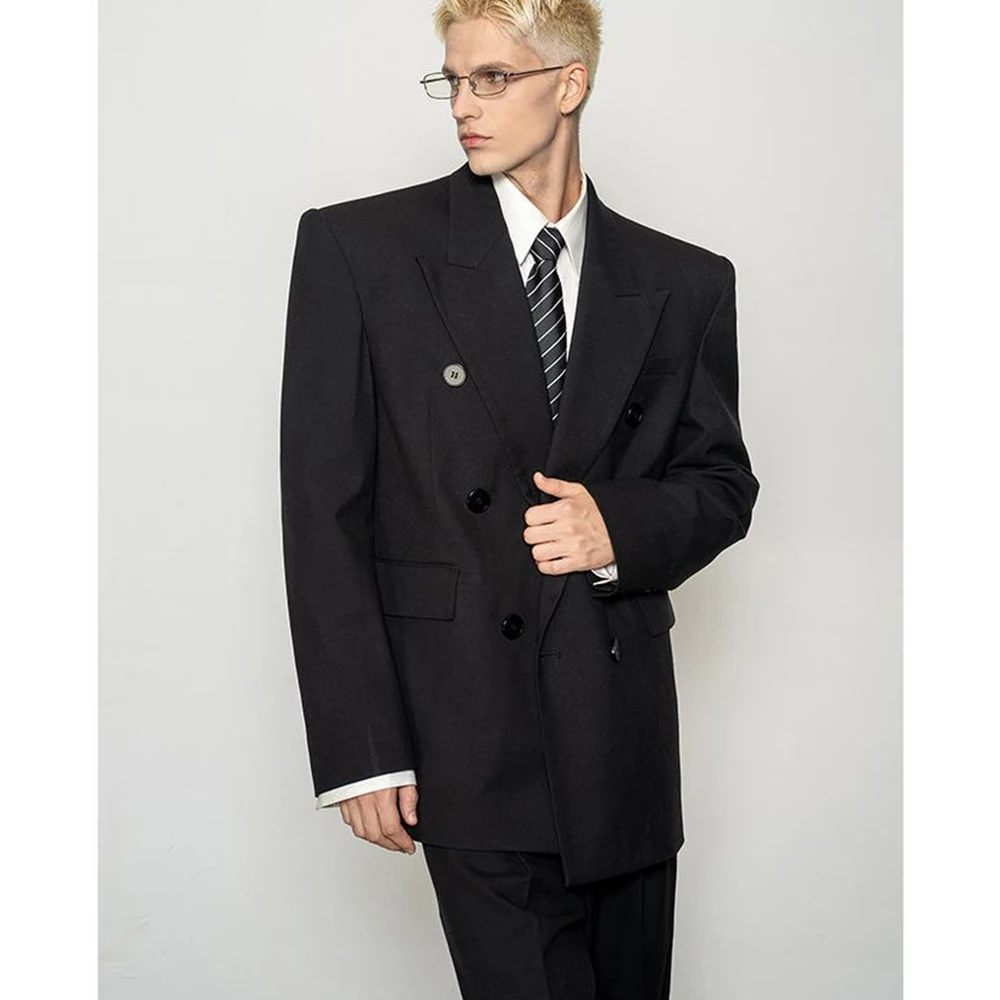 Black Double-Breasted Men's Suits Bold Shoulder Design 2 Piece Jacket Pant Sets Peak Lapel Casual Style Buisness Male Clothing
