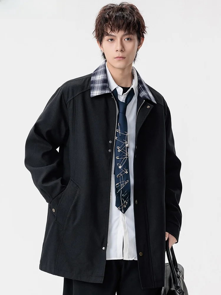 

Trendy Color Blo Mid-Length Men's Casual Loose Fit Coat Vintage Collar Autumn Faion Urban Sle Polyester Fabric Jaet