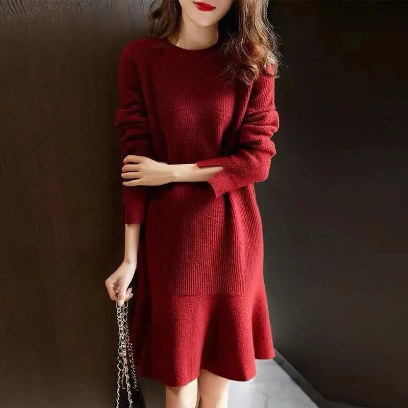 

Women's Long Sleeve O-Neck Warm Sweater Dress, Elegant Casual Office Ladies Base Knit Trumpet Dress, Autumn, Winter, 2024