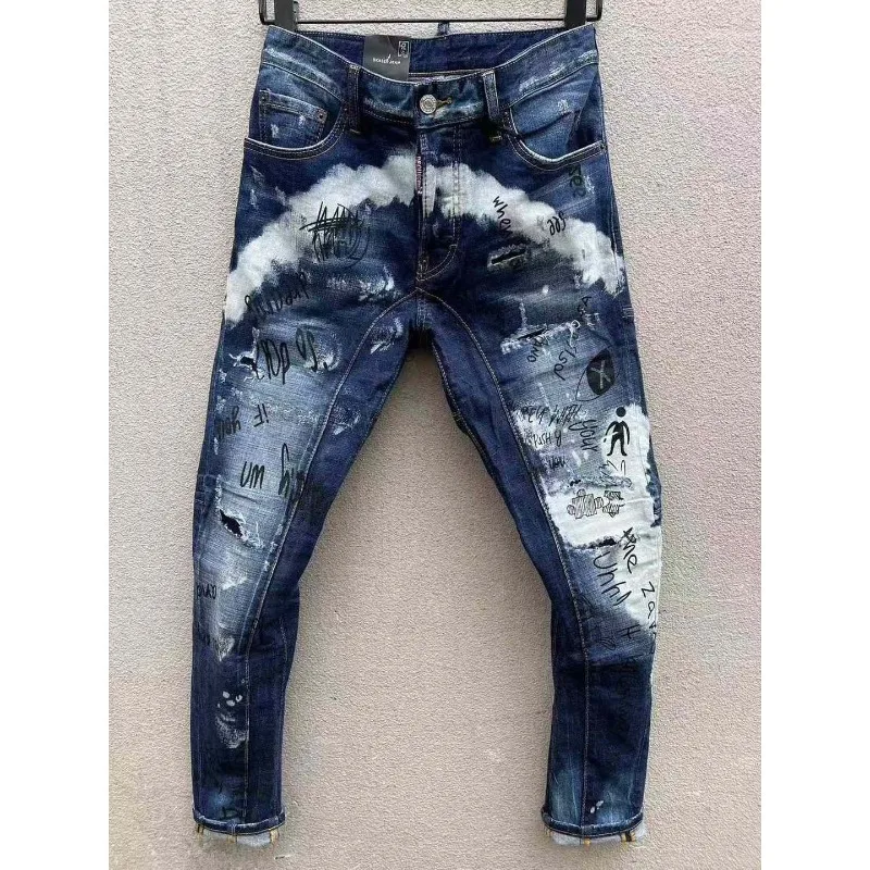 Men Classic Blue Denim Jeans Holes Jeans Pants Italian Style Stretch Denim Pants High Quality Male Slim Denim Trousers Size 42