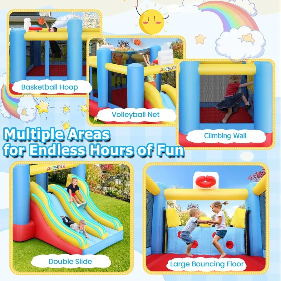 Opblaasbaar springhuis voor kinderen van 3-10, met ventilator, 15x7,8x7,5 ft springkasteel met groot springgedeelte, dubbele glijbanen, 2 basketbal