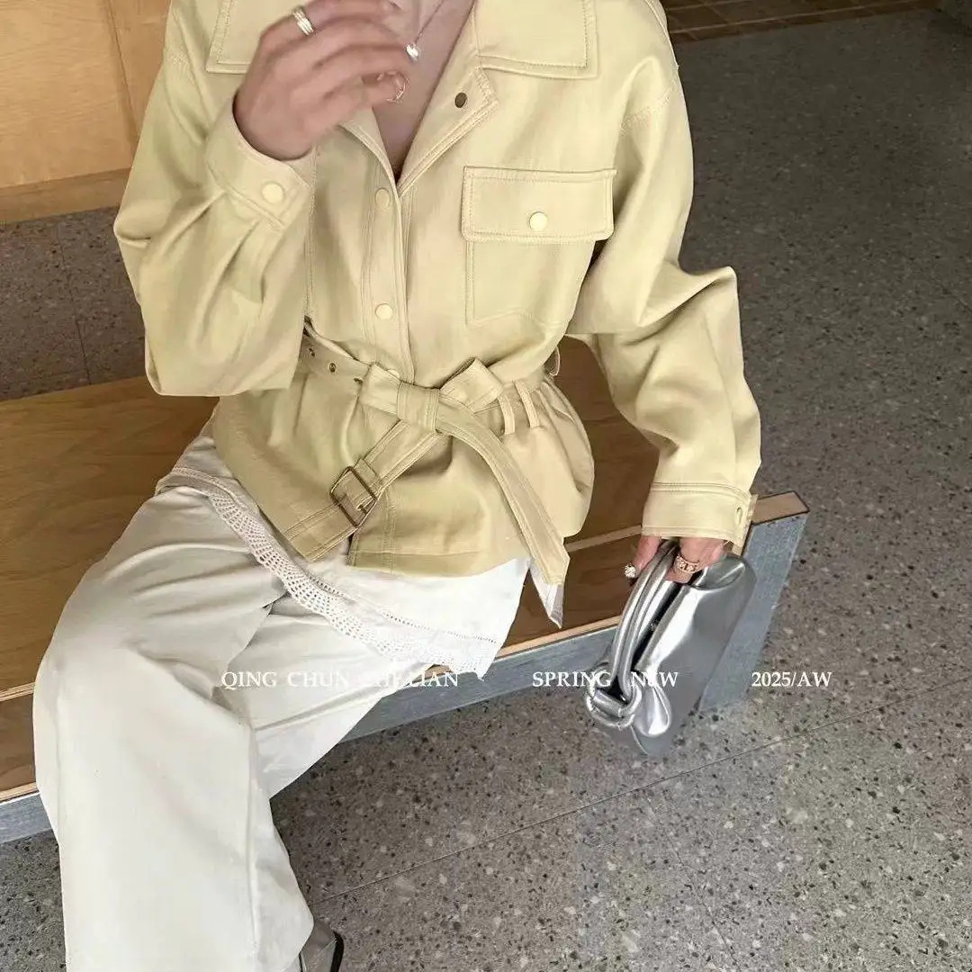 유럽 스타일 라펠 PU 가죽 재킷 여성 2025 봄 슬림핏 허리 지퍼 긴팔 코트 한국 패션 아우터