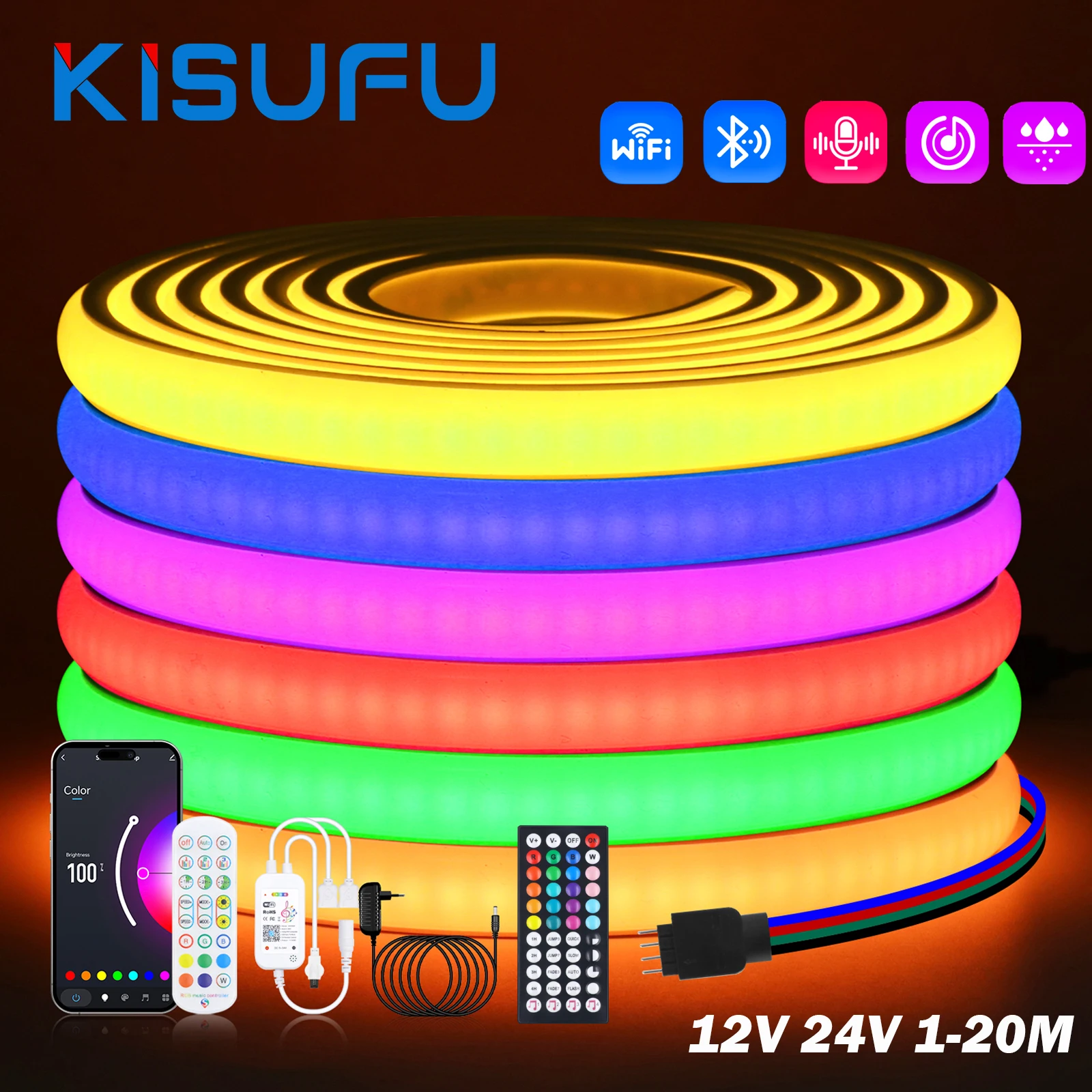 12V 24V Smart RGB COB LED Neon Strip App&Remote Dimmer Control Kit 576LED/m Waterproof Neon Light Indoor Outdoor Decor 1-20M