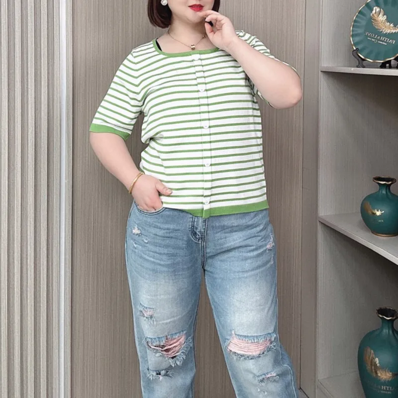 Striped Ice Silk Knit Tees Women 2024 Summer New Plus Size Thin Square Collar Style Pullover Short Sleeve T-Shirt