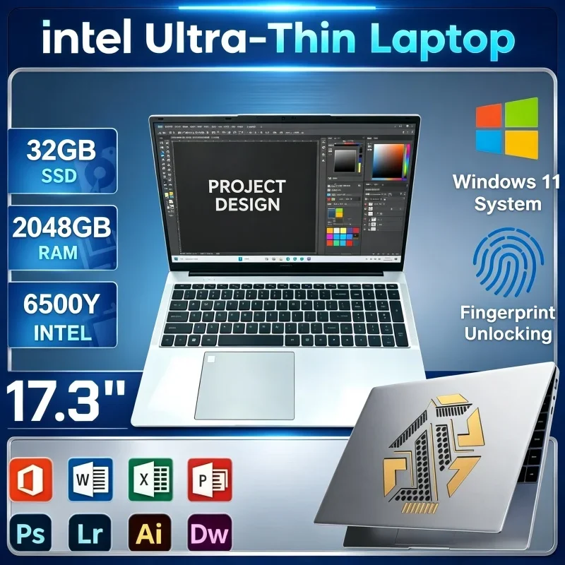 2026 New Notebook 17.3 Inch Intel 6500Y Processor 32GB Ram 2TB Ssd Windows 11 Fingerprint Unlock For Home Study