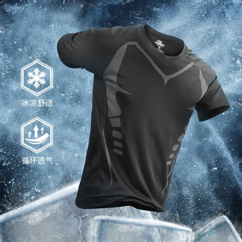 

Мужская летняя спортивная футболка из ледяного шелка с коротким рукавом, дышащая быстросохнущая майка для бега, фитнеса и тренировок по баскетболу