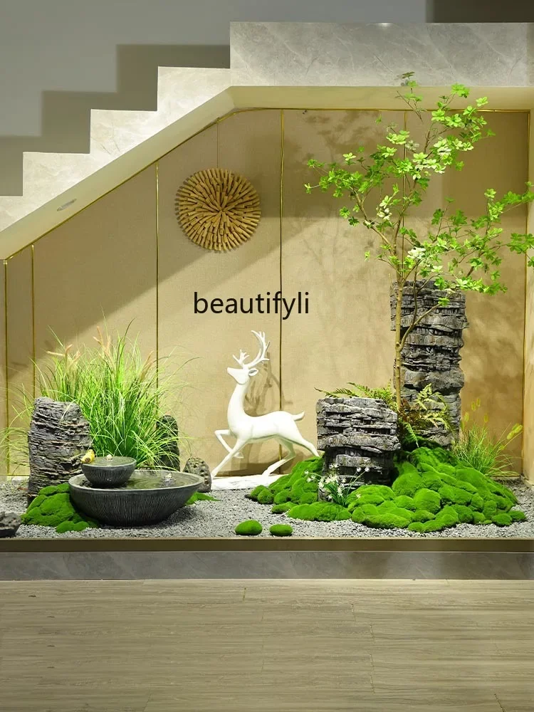 Flowing water under the stairs ornament landscape simulation green plant maple landscaping rockery stone decoration landing