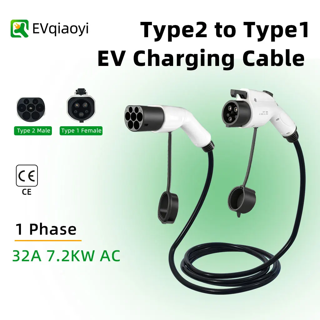 

EVqiaoyi Type2 To Type1 Ev Charging Cable 1Phase 32A Female To Male Plug 3.5M Cable 7.2kw SAE J1772 EVES Charging Stations