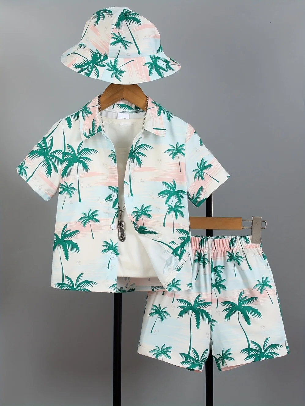 Jungen Sommer Kokosnussbaum-Muster Kurzarm-Hemd Set 2-teilig Hawaiianischer Strandurlaub-Stil Lässige Kinderkleidung für Jungen – Detail 6