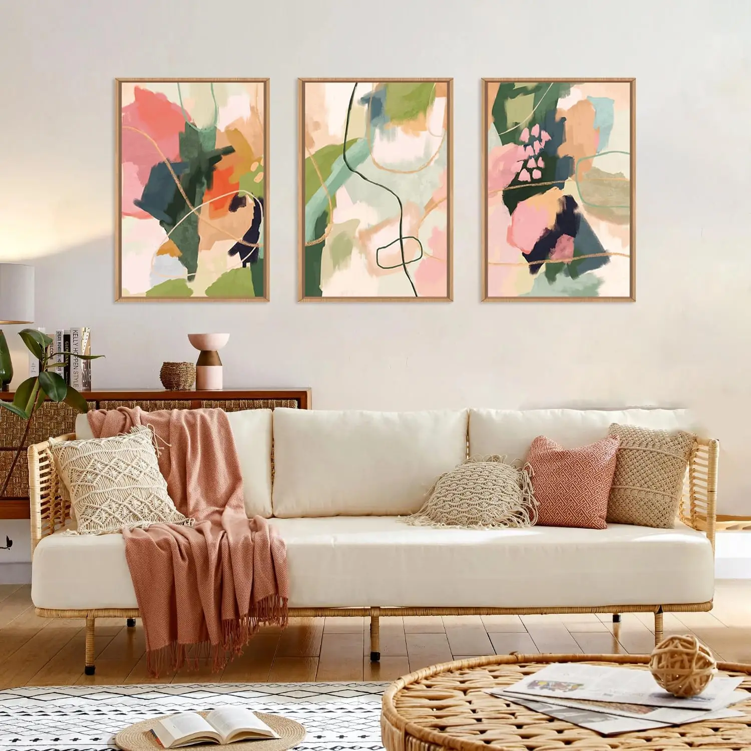 3 Pieces Boho Abstract Canvas Wall Art Pink Green Brush Stroke Line Print For Bedroom Living Room Decor
