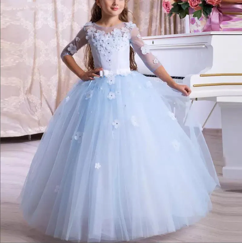 

Customized Blue Flower Girl Dresses For Wedding Appliques 3/4 Sleeves Floor Length Kids Birthday Party First Communion Ball Gown