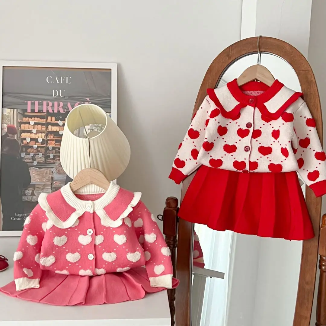 

Autumn Children Sweater Set Korean Version Heart-shaped Embroidered Collar Cardigan+ skirt Girls' Knitted Two-piece Set 2-6Y