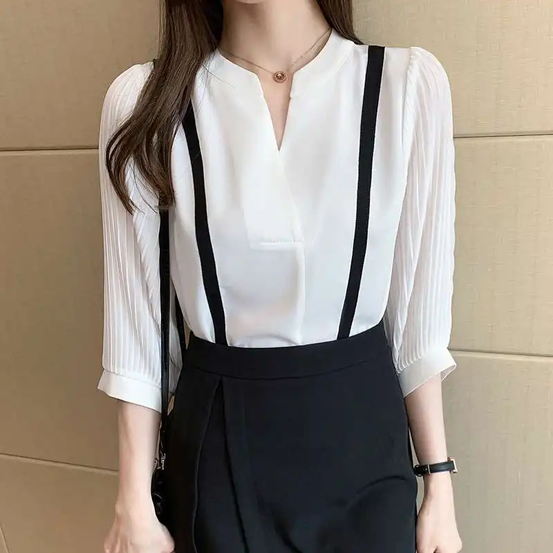 

Женская шифоновая футболка V-Ne Quarter Sve, белая, однотонная, с обычным узором, весеннее регенерирующее целлюлозное волокно